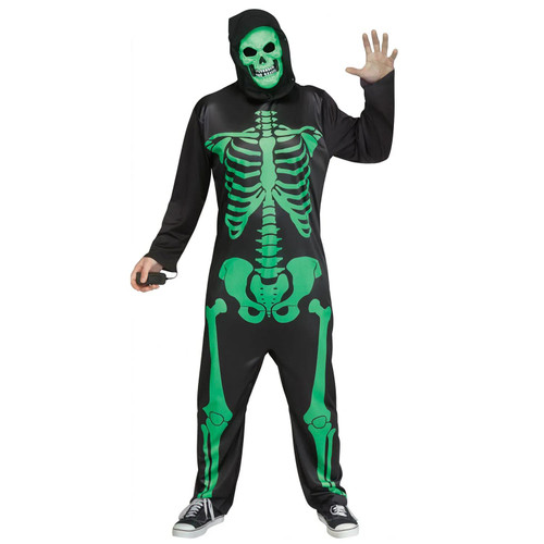 Adult Black Light Neon Skeleton Hooded Jumpsuit Costume - One Size