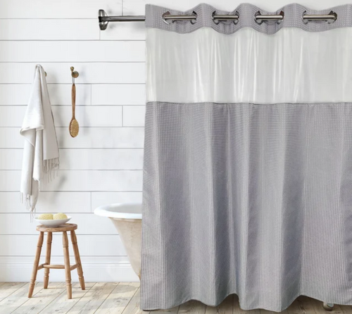 Gray Hang2It Shower Curtain with Window, Chrome Buckles, and Snap Away Liner