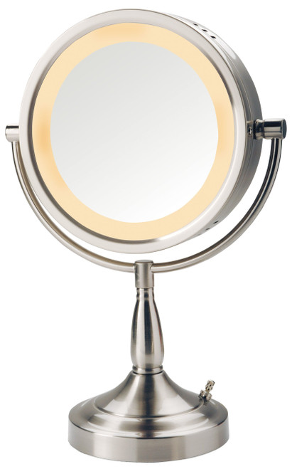 Jerdon 8.5", 7X-1X Lighted Table Top Mirror, Nickel, Height 16"