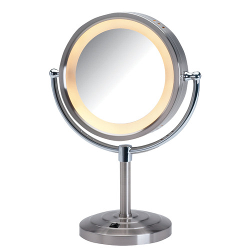 Jerdon 8.5", 5X-1X  Lighted Table Top Mirror, Nickel, Height 15"