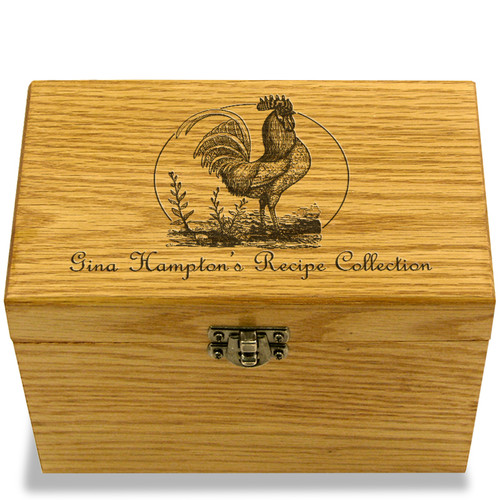 Rooster Collection Oak Personalized 4x6 Recipe Card Box