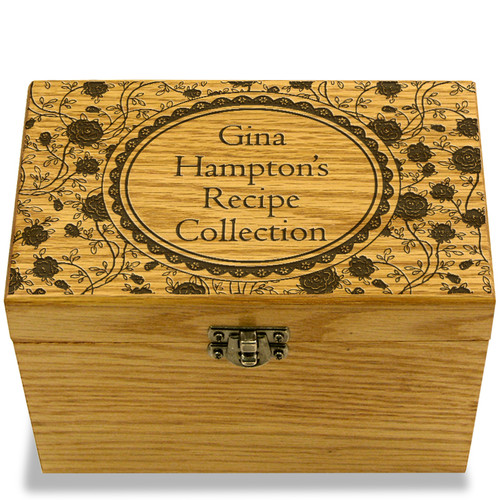 Petals Collection Oak Personalized 4x6 Recipe Card Box