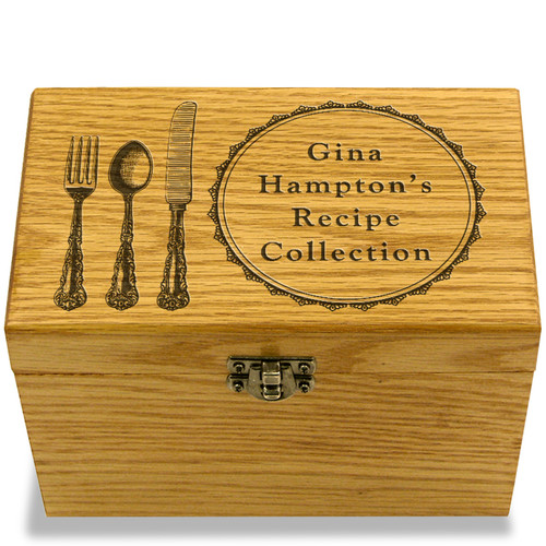 Silverware Collection Oak Personalized 4x6 Recipe Card Box