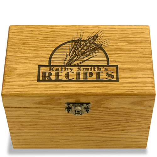 Wheat Grain Collection Oak Personalized 4x6 Recipe Card Box