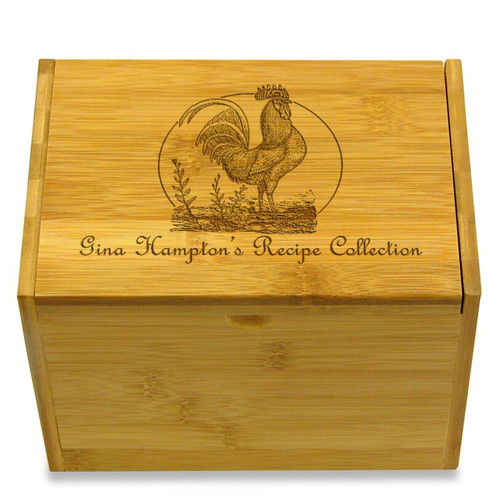 Rooster Collection Bamboo Personalized 4x6 Recipe Card Box
