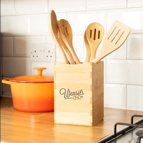 Large Utensil Caddy – Adjustable Bamboo Wood Spoon Holder