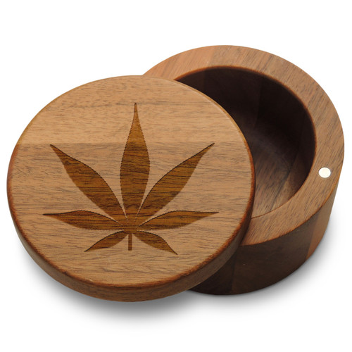 Acacia Wood Stash Box – Marijuana Leaf Design – Magnetic Swivel Lid, 3.75” Round
