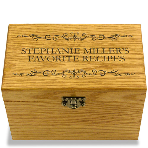 Classic Filigree Oak Personalized 4x6 Recipe Card Box