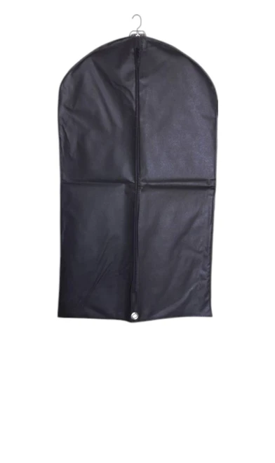 42-inch black non-woven suit garment bag with full-length zipper and bottom grommet for folding.