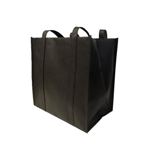 Durable black non-woven reusable grocery tote bag 12x8x12 bulk case of 100