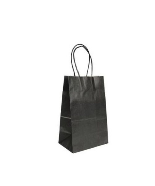 "Small black kraft paper shopping bag with twisted paper handles 5.25x3.5x8.25 inches"