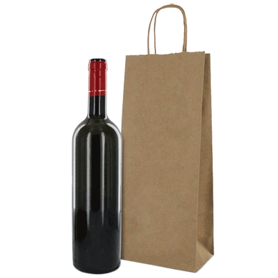 Brown kraft single bottle wine bag with twisted handles for liquor retail