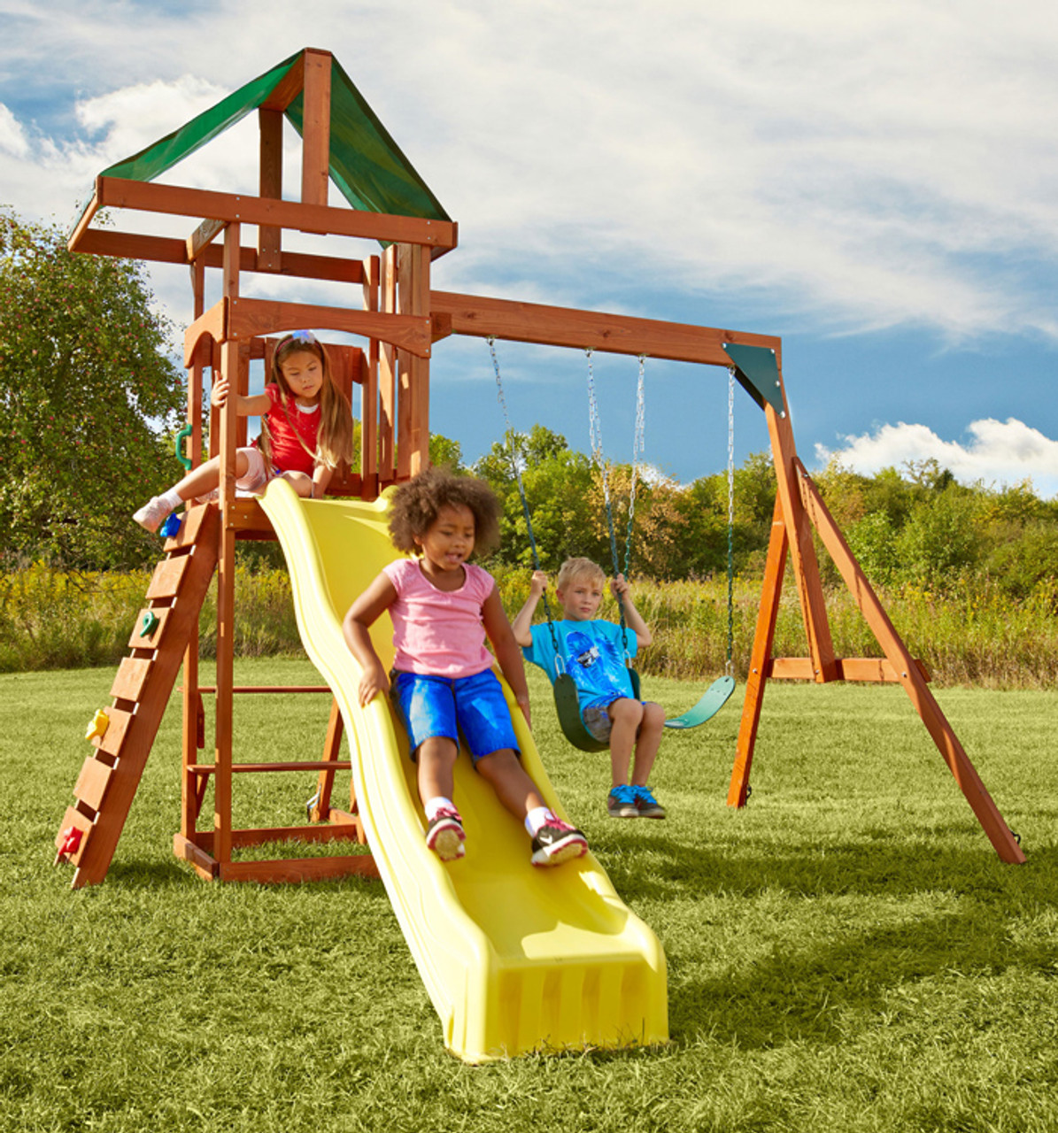 Scrambler Compact Playset with Two Swings, Slide & Rockwall