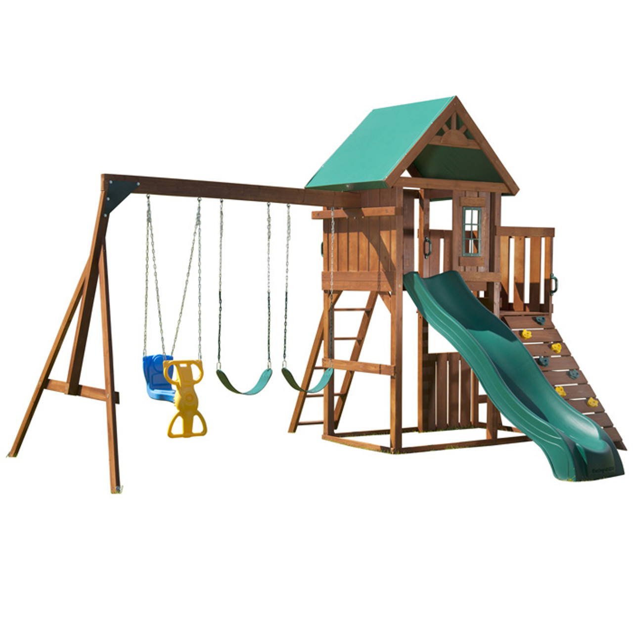 wooden play swing and slide