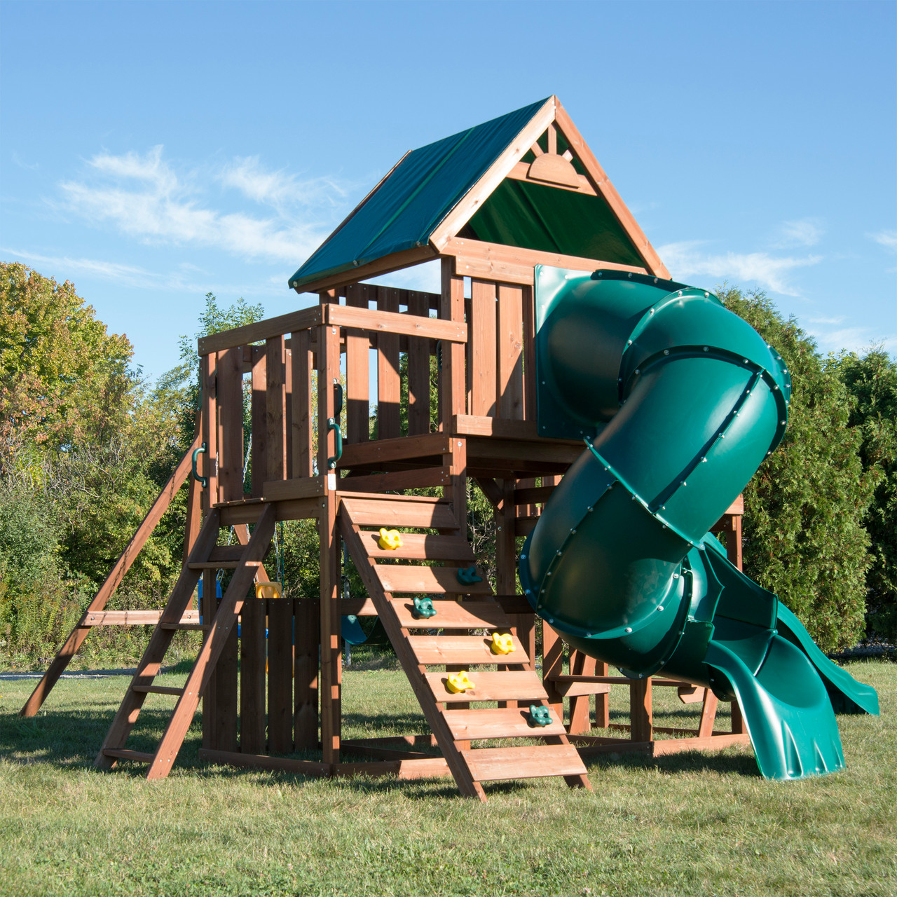 Wave Slide Skyfort Wooden Swing Set Backyard Discovery Skyfort II
