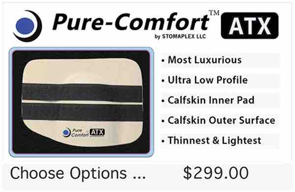 The Pure Comfort stoma guard. The Pure Comfort is the thinnest and most comfortable stoma guard. Inside there is a padding made with leather. This stoma guard is the lightest in weight offered by Stomaplex.