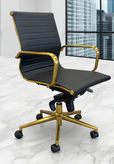 Black Leather Classic Mid Back Office Chair with Gold Frame