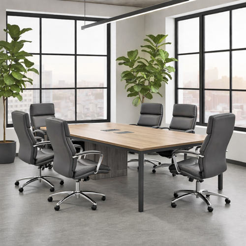 Rustic 8' Conference Table w/ 6 Gray Leather Chairs Set