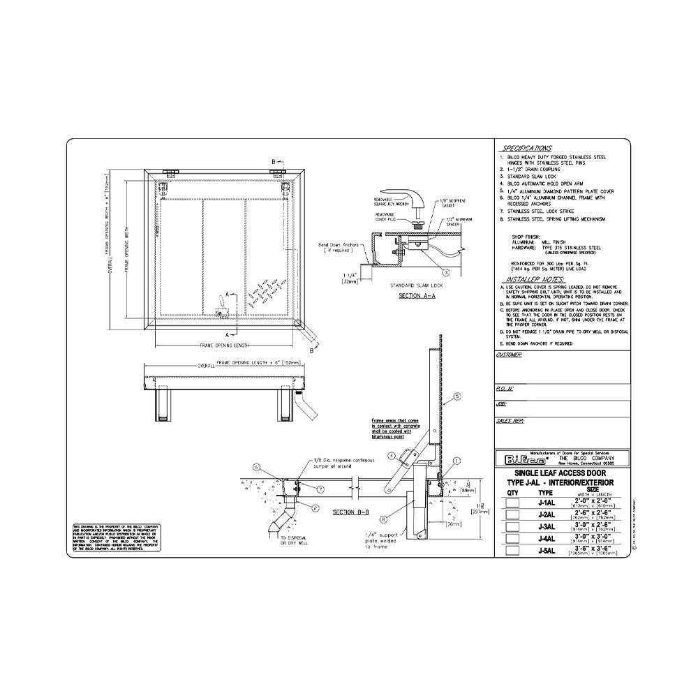 36" x 36" Steel Drainage Floor Door - 300 PSF - Single Leaf