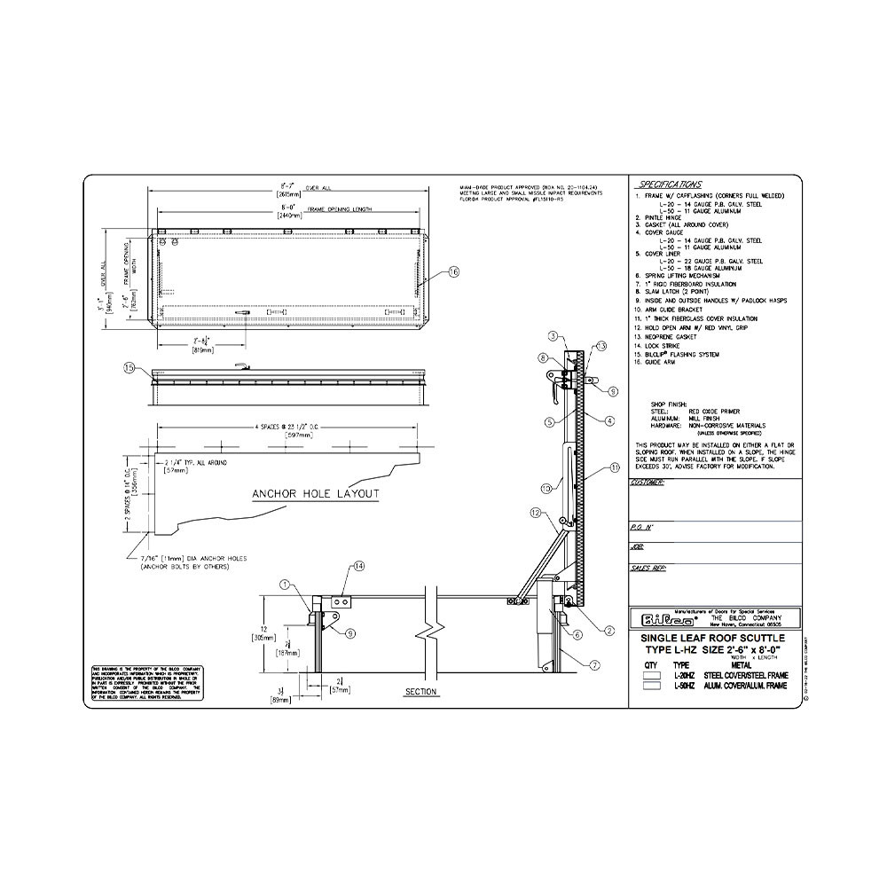 30" x 96" Service Stair Roof Hatch - Steel - MDA Approved