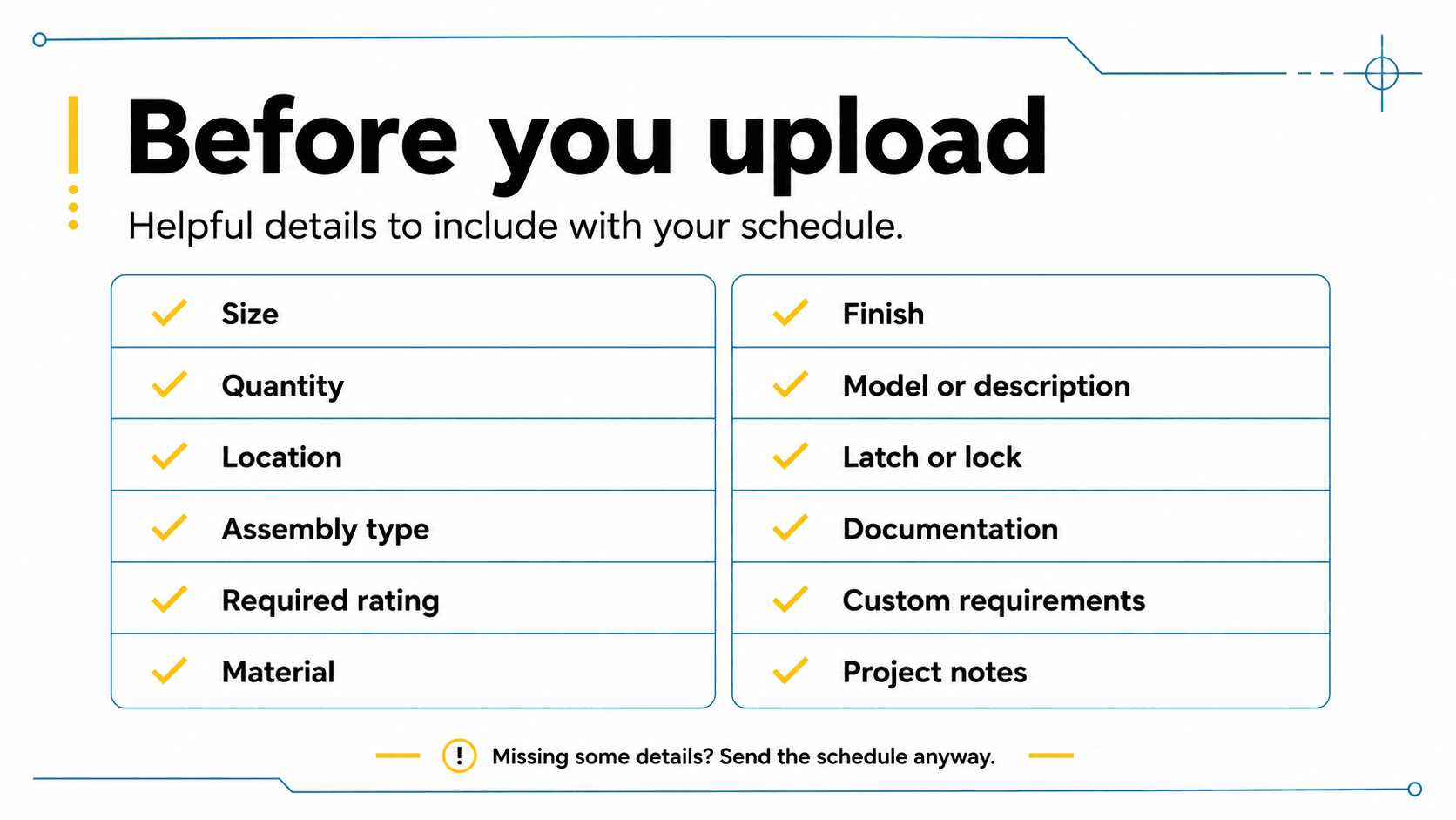 Checklist of helpful access door schedule information to include before uploading, including size, quantity, location, assembly type, required rating, material, finish, model or description, latch or lock, documentation, custom requirements, and project notes.