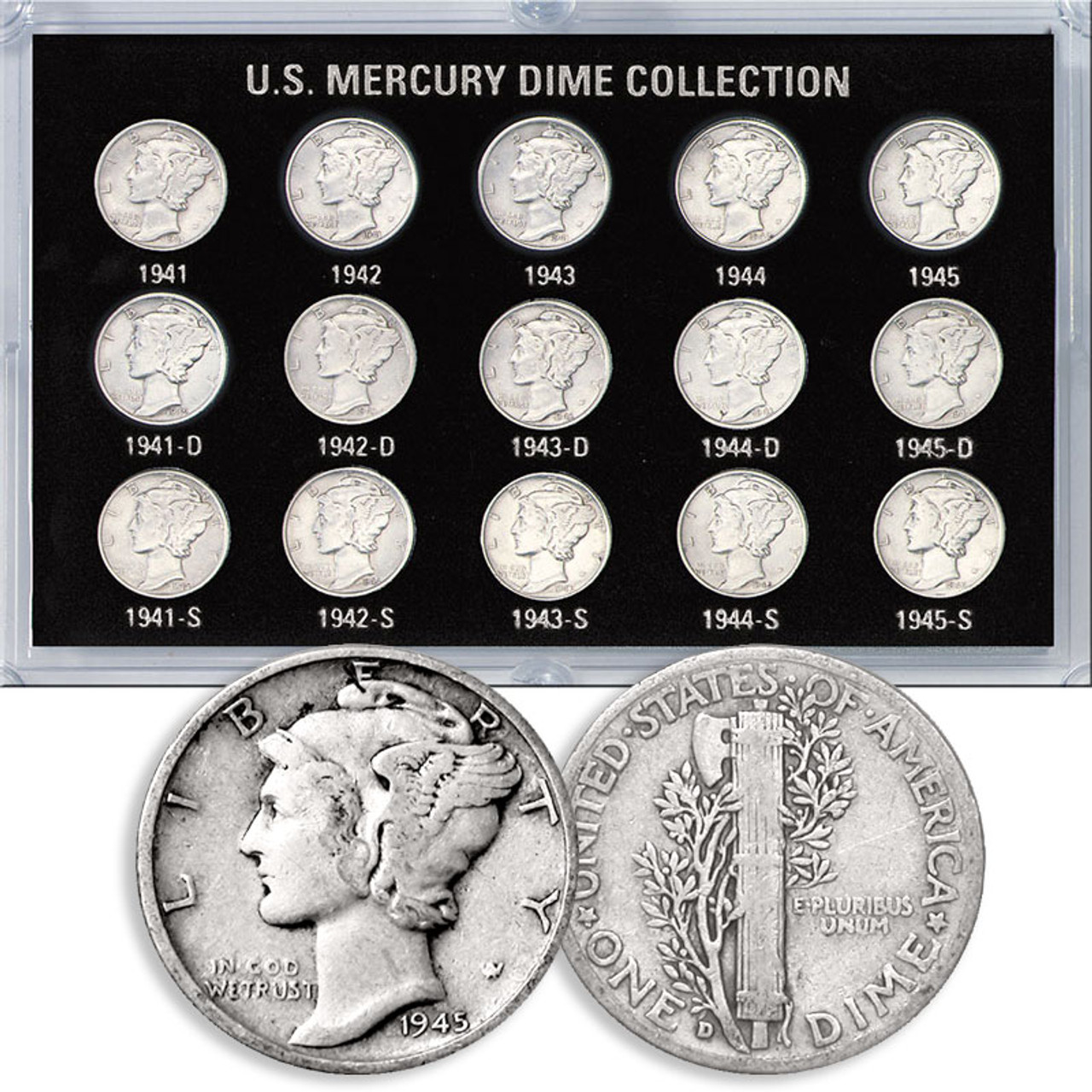 Item name is World War II Mercury Dime Set 41-45. Date is from 1941 to 1945. Item size is per coin, 17.9 millimeter diameter. Item weight and composition is per coin, 2.5 grams of .900 silver. Item shape is round with reeded edge. Mint Mark is Varied. Design elements on obverse are each has Liberty with winged cap, liberty, date, In God We Trust. Design elements on reverse are Fasces with olive branch, United States of America, denomination. The item's condition is mostly fine or better. The item's color is metallic.