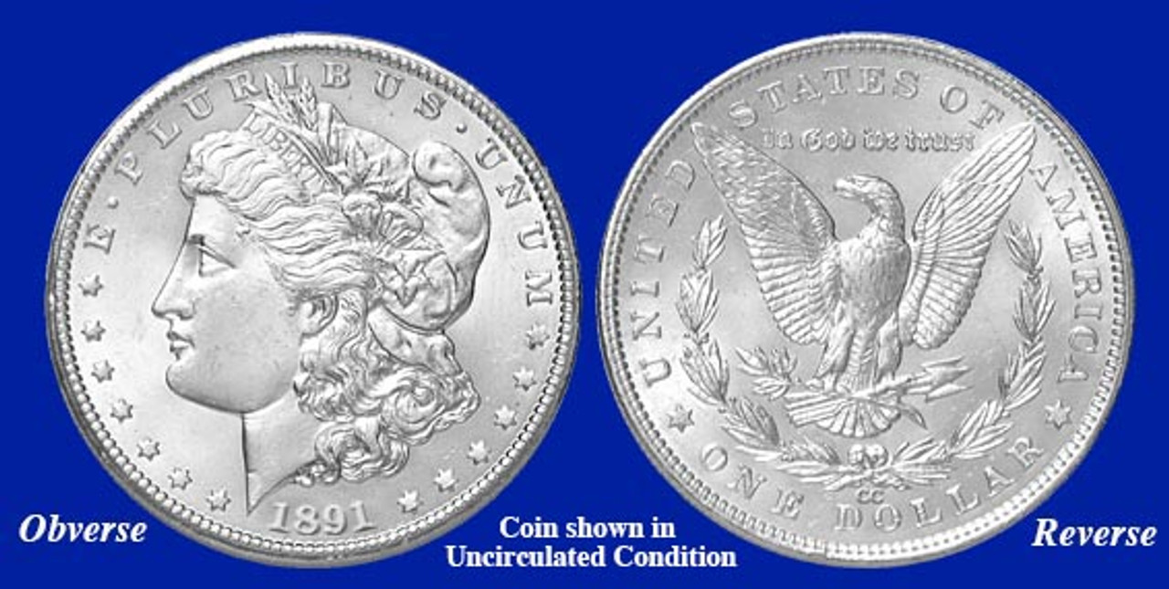 Item name is 1891-CC Morgan Silver Dollar - Collector's Circulated Condition. Date is 1891. Item size is 38.1 millimeter diameter. Item weight and composition is 26.73 grams of 90% silver. Item shape is round with reeded edge. Mint Mark is Carson City. Design elements on obverse are Liberty Head, and E Pluribus Unum and date. Design elements on reverse are Heraldic Eagle, United States of America, In God We Trust and one dollar. The item's condition is collectors circulated. The item's color is metallic.