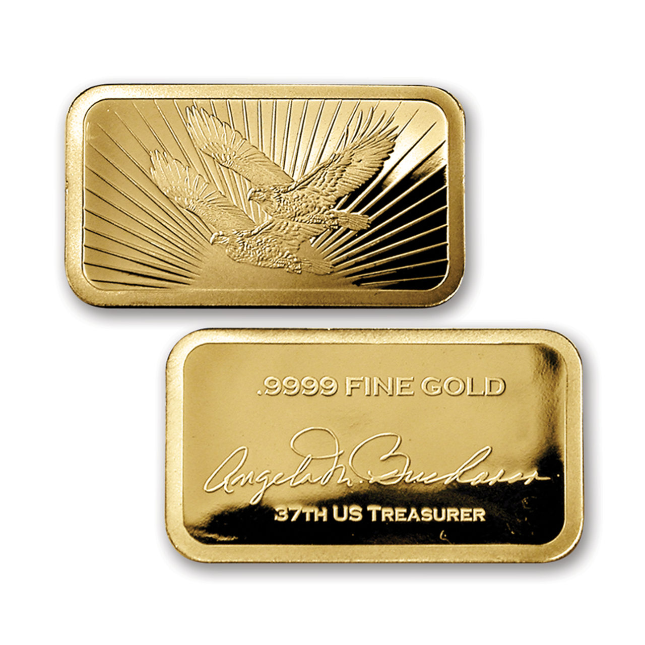 Item name is Double Eagle Pure Gold Bars. Date is N/A. Item size is 15 millimeters by 8 millimeters. Item weight and composition is 1/100 th of an ounce of .9999 pure gold. Item shape is Rectangular with smooth edge. Mint Mark is N/A. Design elements on obverse are Two eagles flying, rising sun and rays. Design elements on reverse are gold purity, Angela Buchanan signature, 37th US Treasurer. The item's condition is proof-like. The item's color is metallic.