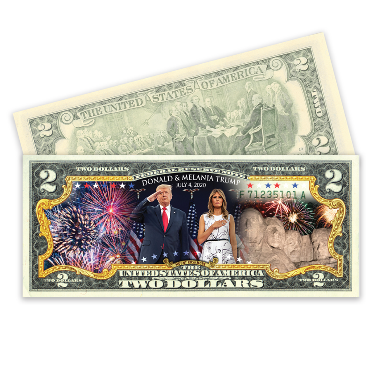 Item name is Mount Rushmore Colorized $2 Bill. Date is Various. Item size is Approximately six and one eighth inches by two and five eighths inches. Item weight and composition is Paper money. Item shape is Rectangular with smooth edge. Mint Mark is N/A. Design elements on obverse are Color image of President Trump and First Lady, Fireworks, Mount Rushmore with fireworks, $2 denomination. Design elements on reverse are Depiction of the signing of the Declaration of Independence, two dollar denominations, In God We Trust. The item's condition is Crisp Uncirculated. The item's color is Full Color Art.