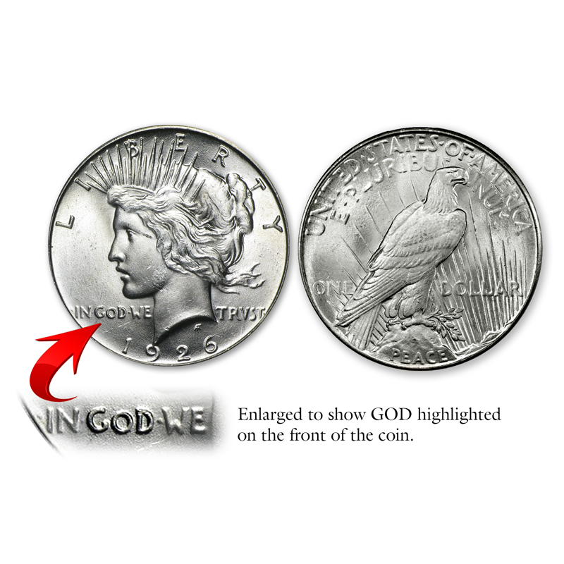 A photo of the 1926 "GOD" Silver Peace Dollar