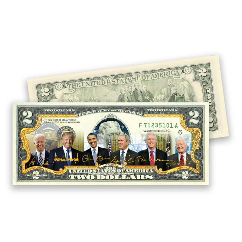 A photo of the "Living Presidents" Full-Color $2 Bill