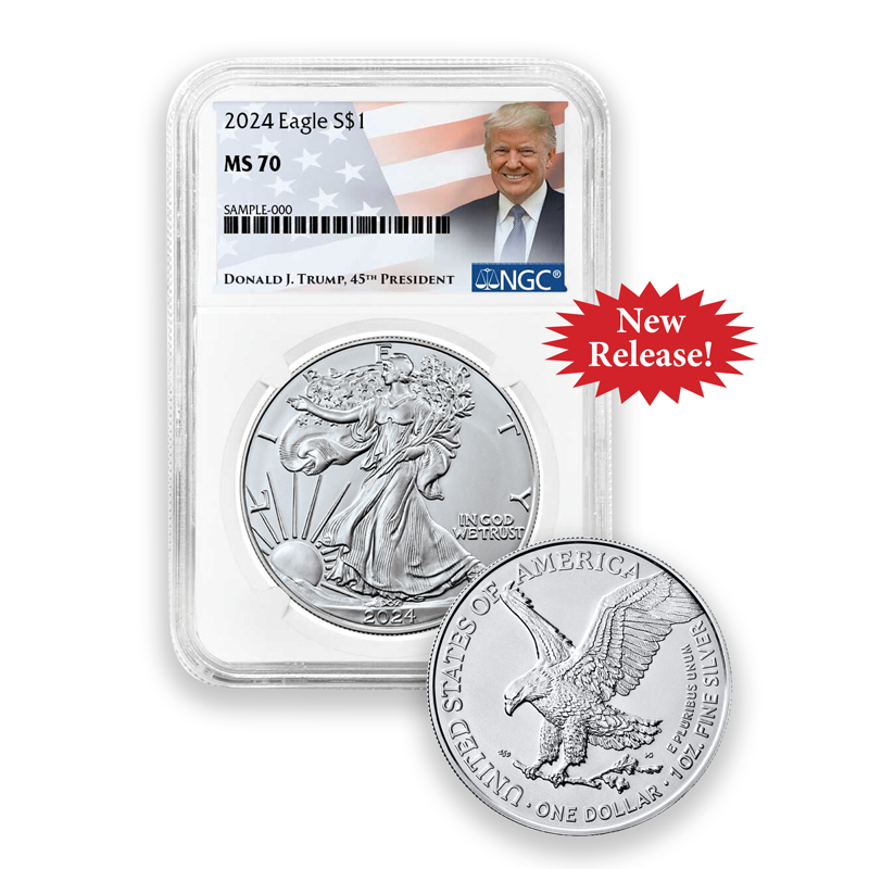 A picture of the 2024 NGC Trump Label MS70 Silver Dollar
