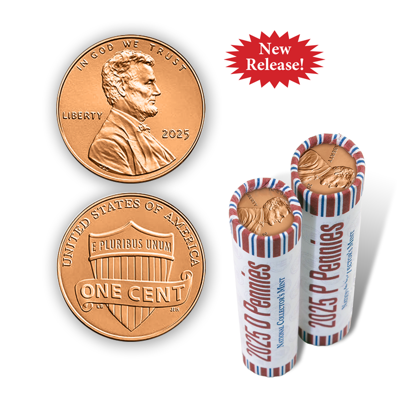 A picture of Two 50-Coin Rolls of BU 2025 Pennies