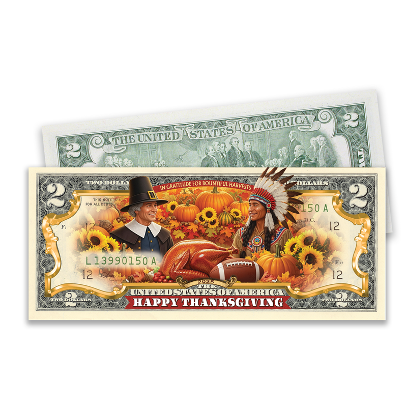 A picture of 2025 Happy Thanksgiving Full Color $2 Bill