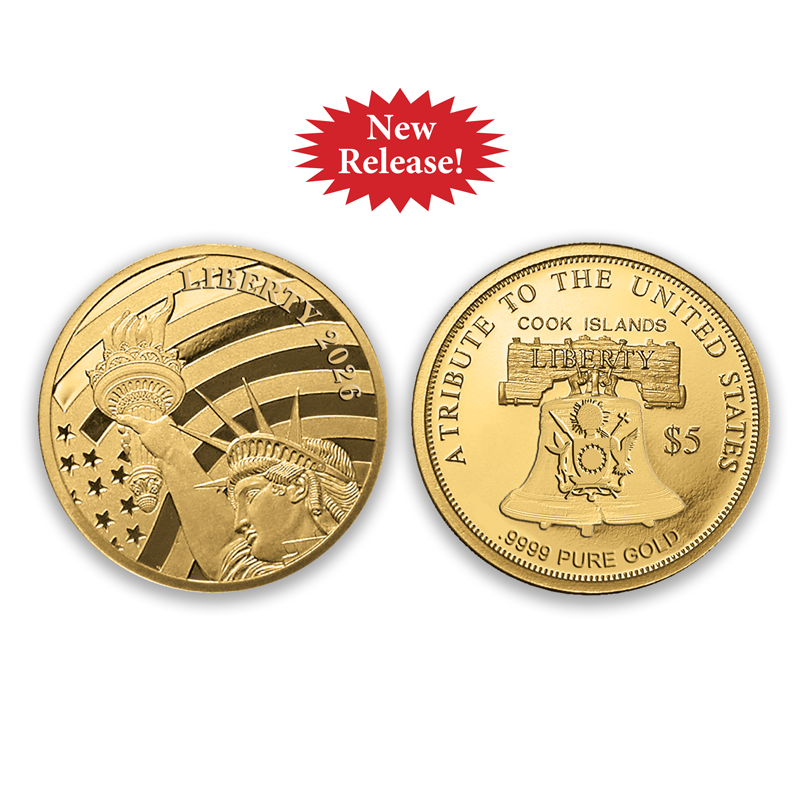 A picture of 2026 Cook Islands Statue of Liberty .99999 Pure Gold $5 Coin