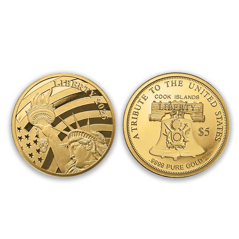A picture of 2026 Cook Islands Statue of Liberty .99999 Pure Gold $5 Coin