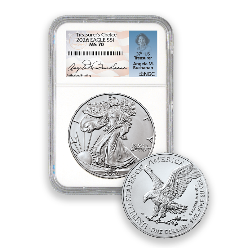 A picture of "Treasurer's Choice" 2026 Mint-State 70 U.S. Silver Eagle Dollar