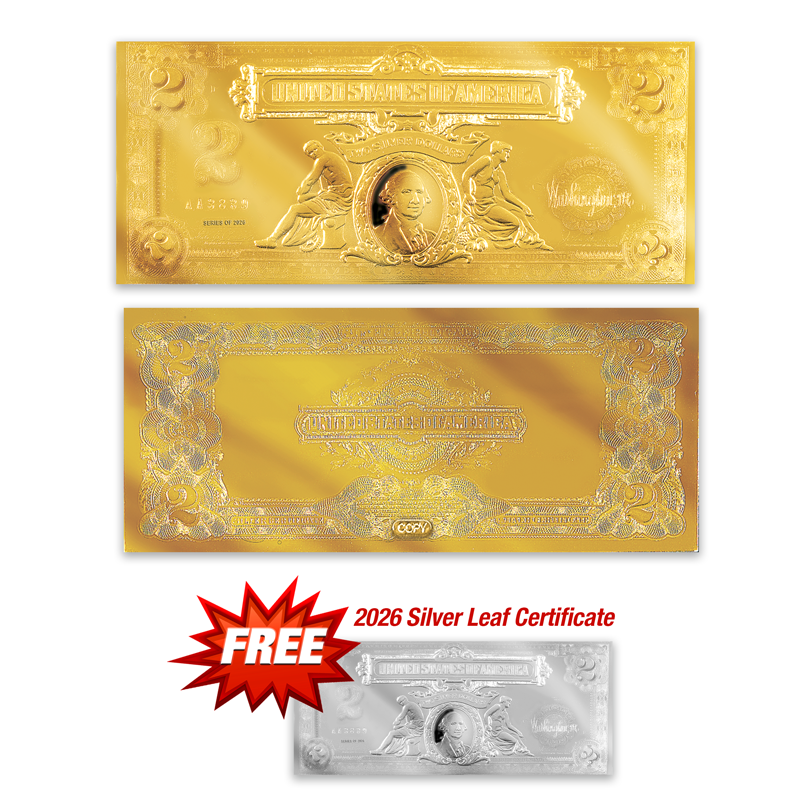 A picture of 2026 $2 Gold Leaf Certificate Tribute with FREE .999 Pure Silver Leaf edition