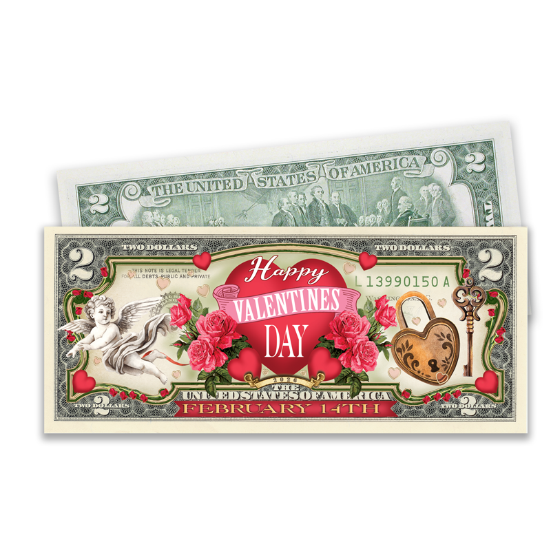 A picture of 2026 "Be My Valentine" Full-Color Legal Tender $2 Bill