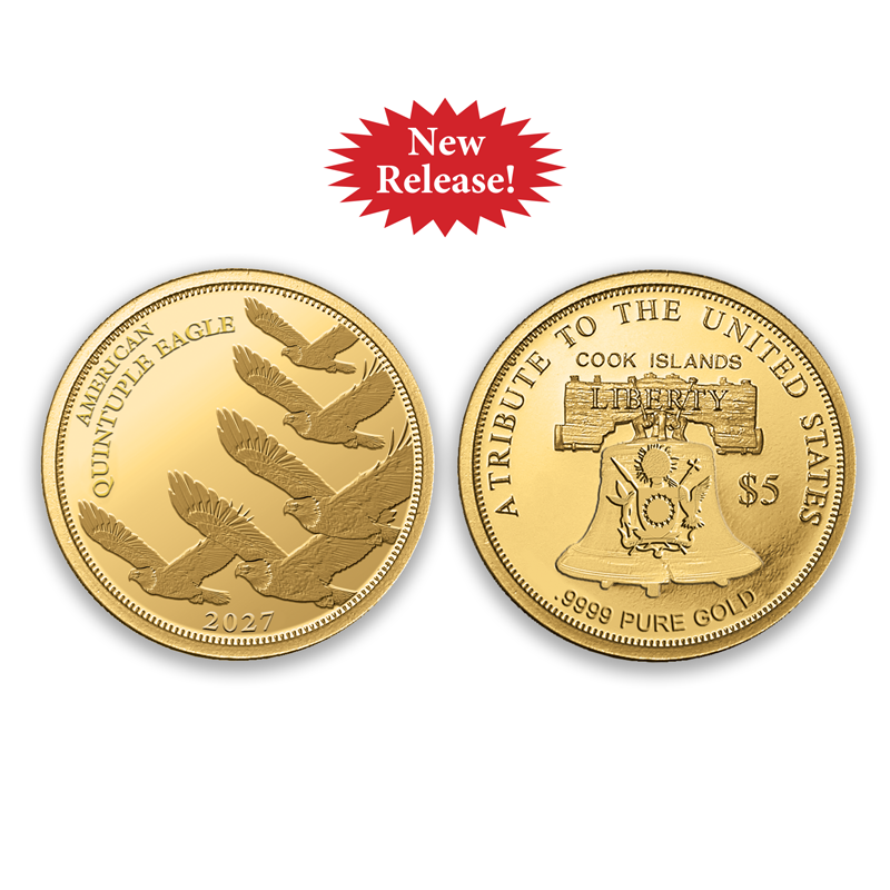 A picture of .9999 Pure Gold 2027 Quintuple Eagle $5 Coin.