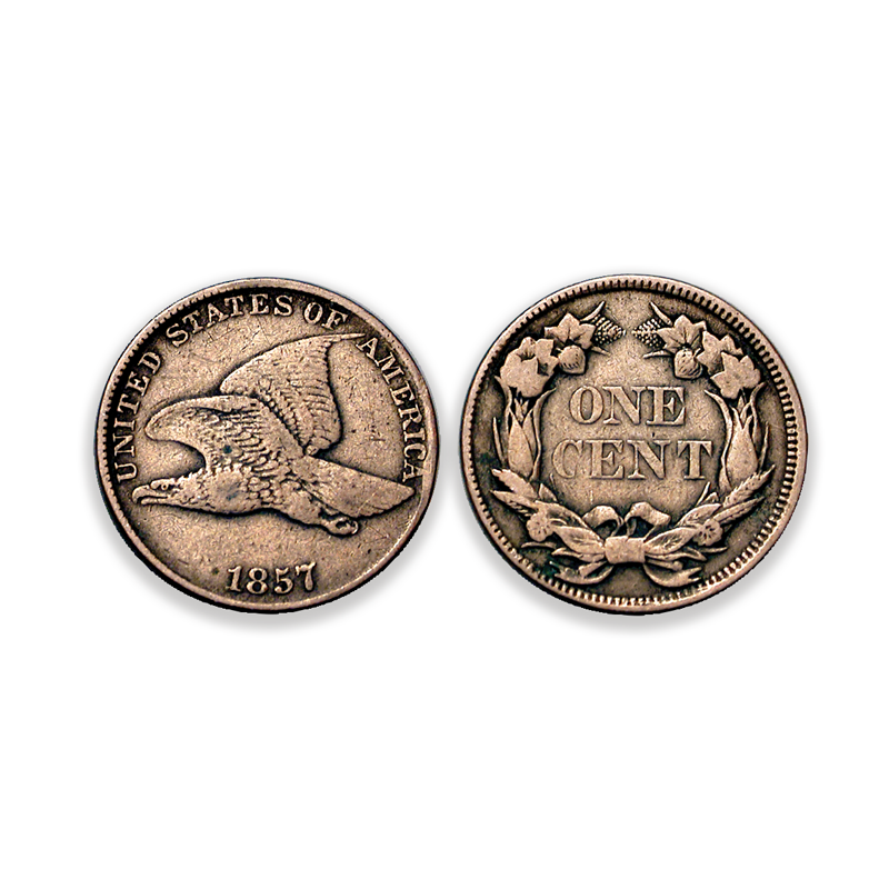Image of the obverse and reverse of the Flying Eagle Cent