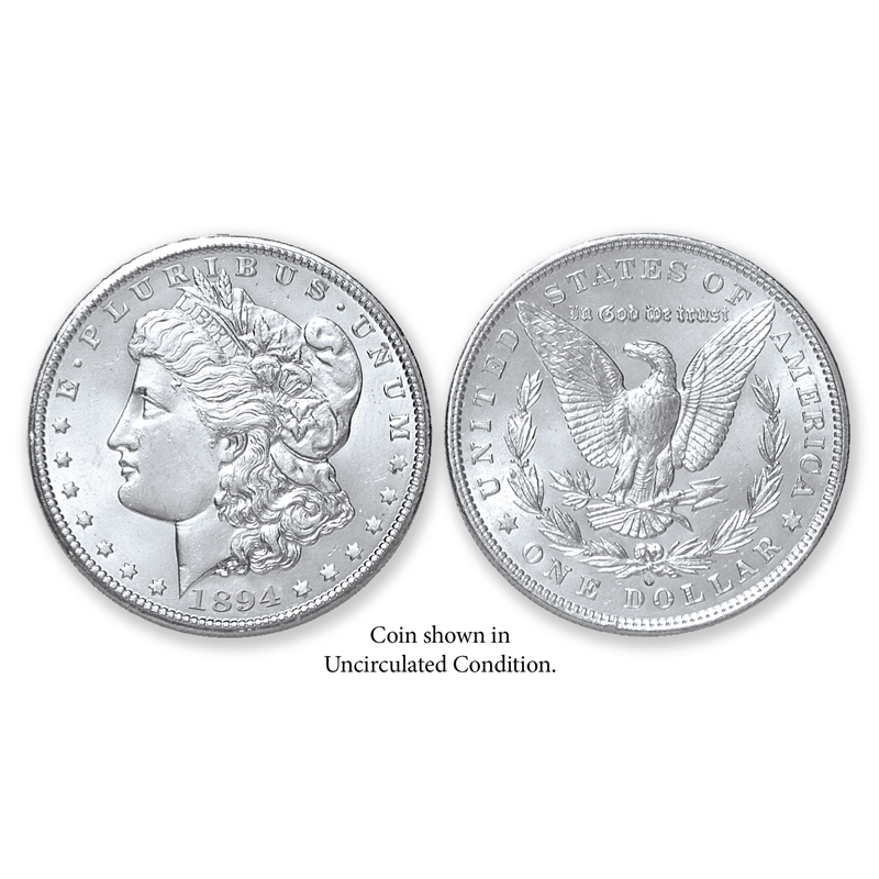 Item name is 1894-O Morgan Silver Dollar - Collector's Circulated Condition. Date is 1894. Item size is 38.1 millimeter diameter. Item weight and composition is 26.73 grams of 90% silver. Item shape is round with reeded edge. Mint Mark is New Orleans. Design elements on obverse are Liberty Head, and E Pluribus Unum and date. Design elements on reverse are Heraldic Eagle, United States of America, In God We Trust and one dollar. The item's condition is collectors circulated. The item's color is metallic.