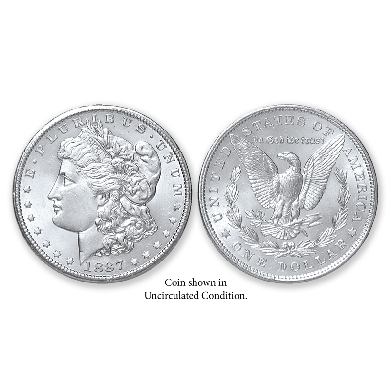 Item name is 1887-P Morgan Silver Dollar - Collector's Circulated Condition. Date is 1887. Item size is 38.1 millimeter diameter. Item weight and composition is 26.73 grams of 90% silver. Item shape is round with reeded edge. Mint Mark is Philadelphia. Design elements on obverse are Liberty Head, and E Pluribus Unum and date. Design elements on reverse are Heraldic Eagle, United States of America, In God We Trust and one dollar. The item's condition is collectors circulated. The item's color is metallic.