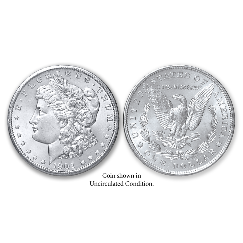 Item name is 1901-P Morgan Silver Dollar - Collector's Circulated Condition. Date is 1901. Item size is 38.1 millimeter diameter. Item weight and composition is 26.73 grams of 90% silver. Item shape is round with reeded edge. Mint Mark is Philadelphia. Design elements on obverse are Liberty Head, and E Pluribus Unum and date. Design elements on reverse are Heraldic Eagle, United States of America, In God We Trust and one dollar. The item's condition is collectors circulated. The item's color is metallic.