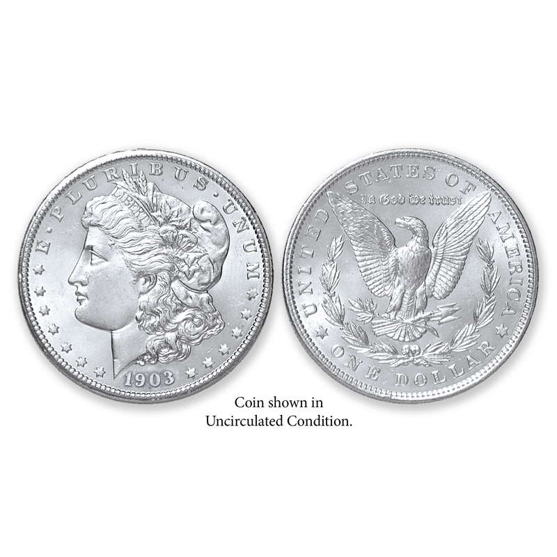 Item name is 1903-P Morgan Silver Dollar - Collector's Circulated Condition. Date is 1903. Item size is 38.1 millimeter diameter. Item weight and composition is 26.73 grams of 90% silver. Item shape is round with reeded edge. Mint Mark is Philadelphia. Design elements on obverse are Liberty Head, and E Pluribus Unum and date. Design elements on reverse are Heraldic Eagle, United States of America, In God We Trust and one dollar. The item's condition is collectors circulated. The item's color is metallic.