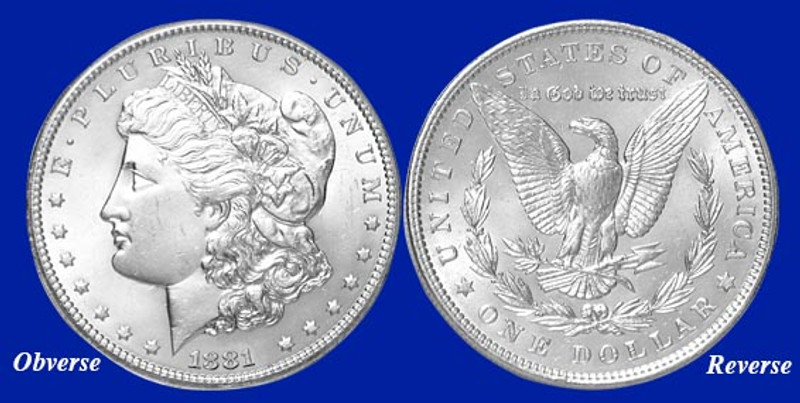 Item name is 1881-P Morgan Silver Dollar - Brilliant Uncirculated Condition. Date is 1881. Item size is 38.1 millimeter diameter. Item weight and composition is 26.73 grams of 90% silver. Item shape is round with reeded edge. Mint Mark is Philadelphia. Design elements on obverse are Liberty Head, and E Pluribus Unum and date. Design elements on reverse are Heraldic Eagle, United States of America, In God We Trust and one dollar. The item's condition is brilliant Uncirculated. The item's color is metallic.