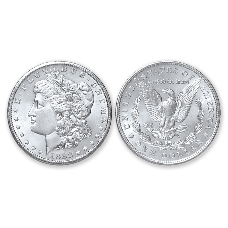 Item name is 1882-P Morgan Silver Dollar - Brilliant Uncirculated Condition. Date is 1882. Item size is 38.1 millimeter diameter. Item weight and composition is 26.73 grams of 90% silver. Item shape is round with reeded edge. Mint Mark is Philadelphia. Design elements on obverse are Liberty Head, and E Pluribus Unum and date. Design elements on reverse are Heraldic Eagle, United States of America, In God We Trust and one dollar. The item's condition is brilliant Uncirculated. The item's color is metallic.
