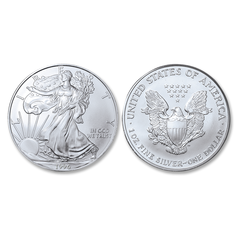 Item name is 1996 Brilliant Uncirculated Silver Eagle Dollar. Date is 1996. Item size is 40.6 millimeter diameter. Item weight and composition is one troy oz pure silver  . Item shape is round with reeded edge. Mint Mark is . Design elements on obverse are Walking Lady Liberty with the word LIBERTY and the date. Design elements on reverse are Heraldic eagle, united states of america, and one ounce fine silver. The item's condition is brilliant Uncirculated. The item's color is metallic.