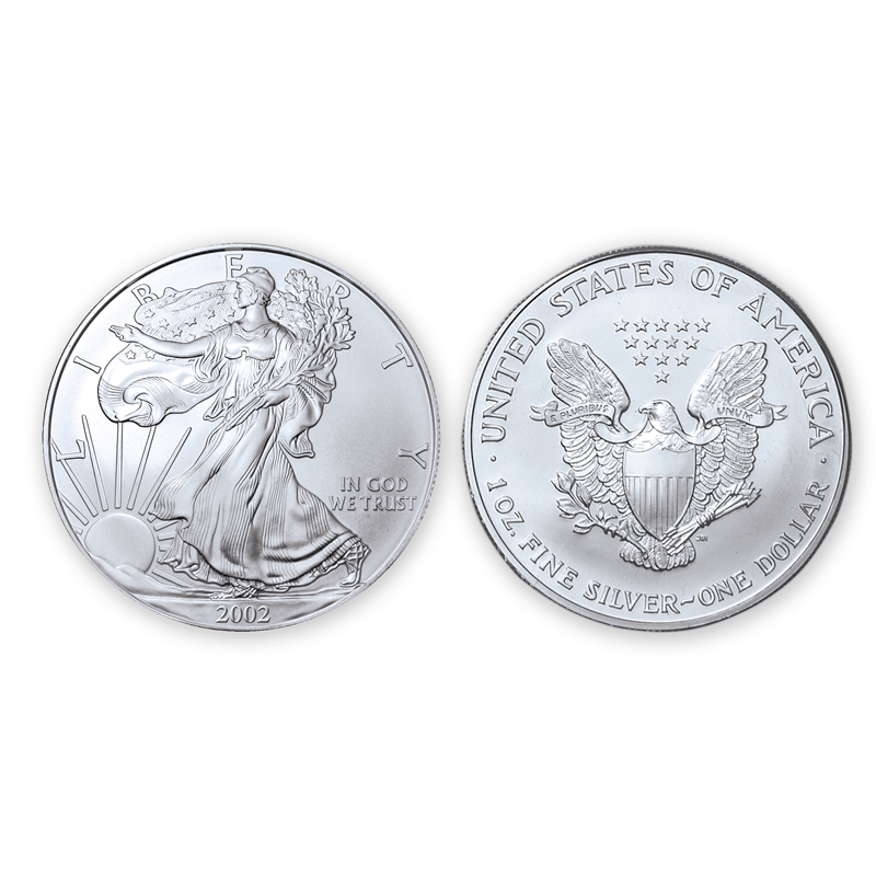 Item name is 2002 Brilliant Uncirculated Silver Eagle Dollar. Date is 2002. Item size is 40.6 millimeter diameter. Item weight and composition is one troy oz pure silver  . Item shape is round with reeded edge. Mint Mark is . Design elements on obverse are Walking Lady Liberty with the word LIBERTY and the date. Design elements on reverse are Heraldic eagle, united states of america, and one ounce fine silver. The item's condition is brilliant Uncirculated. The item's color is metallic.