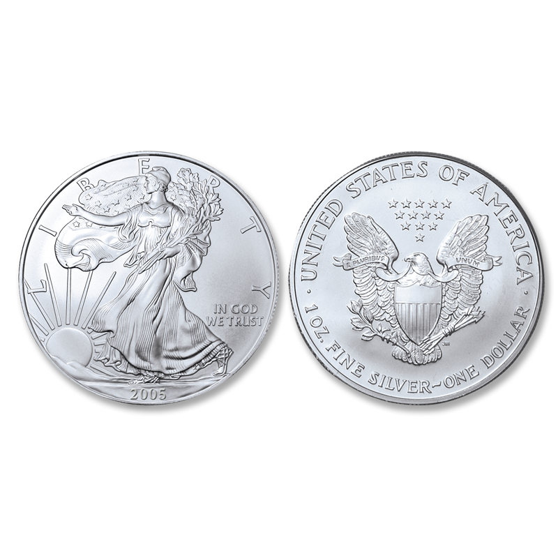 Item name is 2005 Brilliant Uncirculated Silver Eagle Dollar. Date is 2005. Item size is 40.6 millimeter diameter. Item weight and composition is one troy oz pure silver  . Item shape is round with reeded edge. Mint Mark is . Design elements on obverse are Walking Lady Liberty with the word LIBERTY and the date. Design elements on reverse are Heraldic eagle, united states of america, and one ounce fine silver. The item's condition is brilliant Uncirculated. The item's color is metallic.